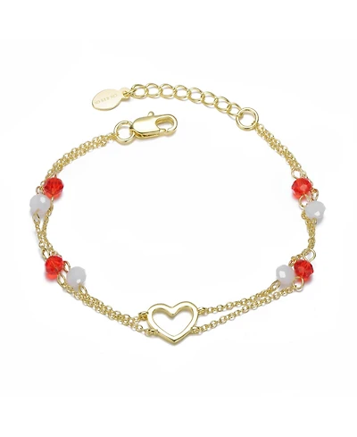 GiGiGirl 14K Gold-Plated with Red & White Beads Double Chain Open Heart Bracelet