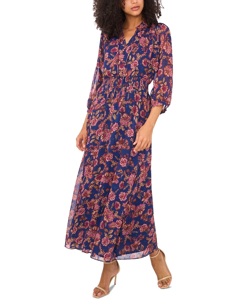 Vince Camuto Women's Printed Tie-Neck Puff-Sleeve Maxi Dress