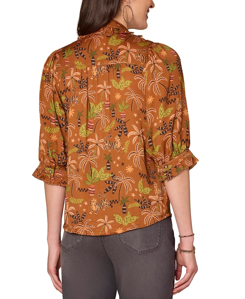 Democracy Petite Printed Ruffled Pintucked Top