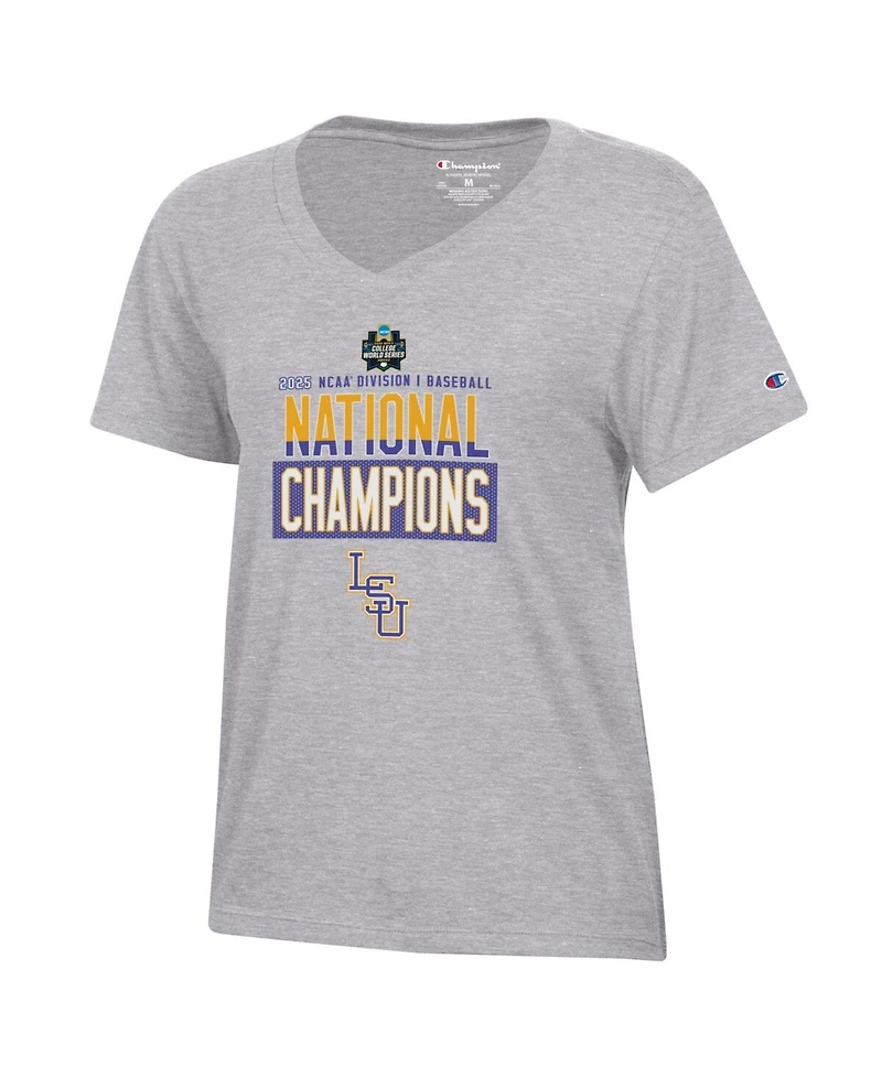 Champion Women's Gray Lsu Tigers 2025 Ncaa Baseball Men's College World Series Champions V-Neck T-Shirt