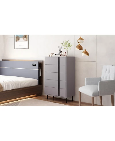 Bedside table with five drawers, side table with adjustable feet, grey wooden end table, suitable for bedrooms, living rooms, offices