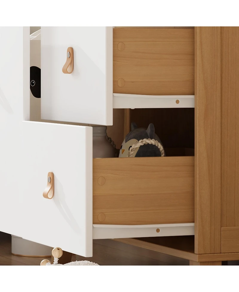 4-drawer nightstand with one door, wood and white wooden side table, end table with leather handles, appropriate for bedrooms, living rooms, and offic
