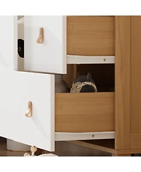 4-drawer nightstand with one door, wood and white wooden side table, end table with leather handles, appropriate for bedrooms, living rooms, and offic