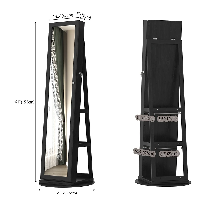 Vlsrka Rotatable full-length jewelry mirror cabinet with compartments and built-in Led lights.