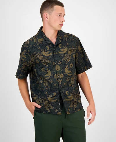 Hugo Boss Men's Espino Oversized Short Sleeve Bird Print Button-Front Camp Shirt