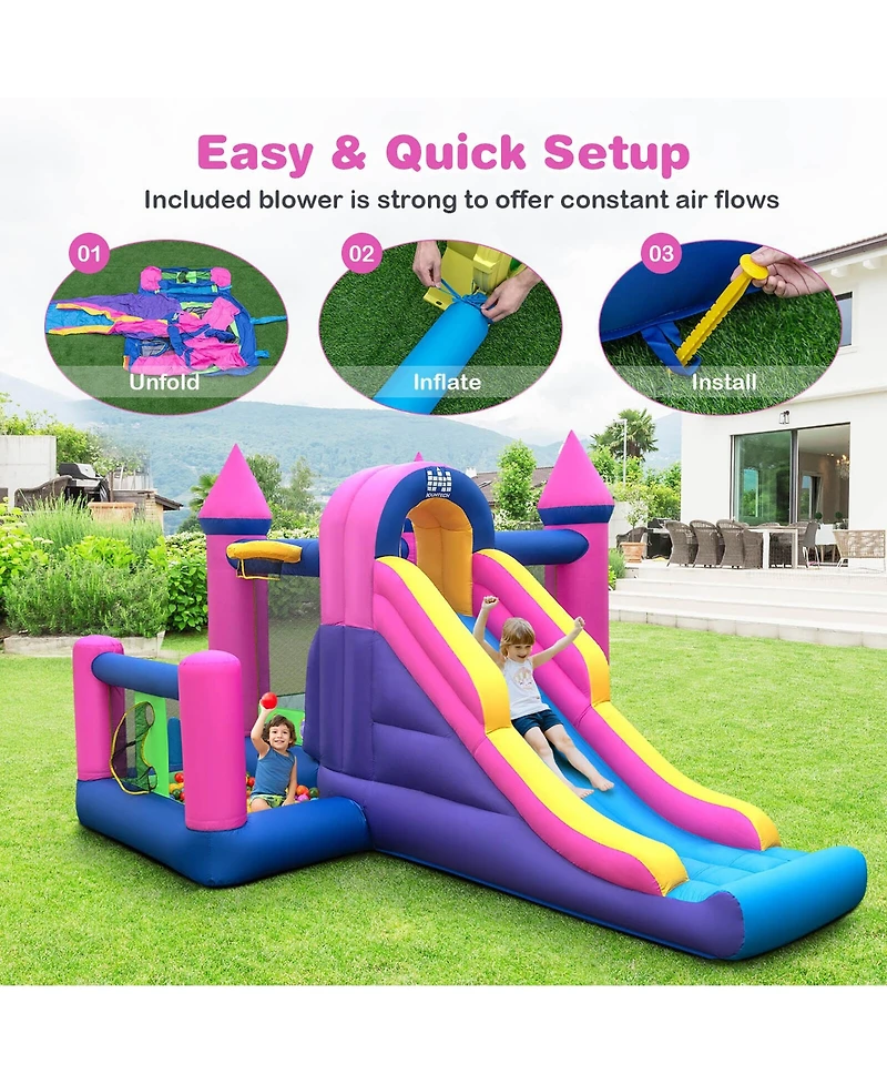 Gymax Kids Inflatable Bounce Castle 7-in-1 Jumping House with Long Slide and 735W Blower
