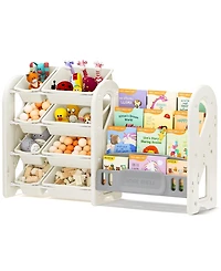 Sugift Kids Toy Organizer and Bookshelf, 2-in-1 Storage Shelf with 9 Bins & 4 Book Slots