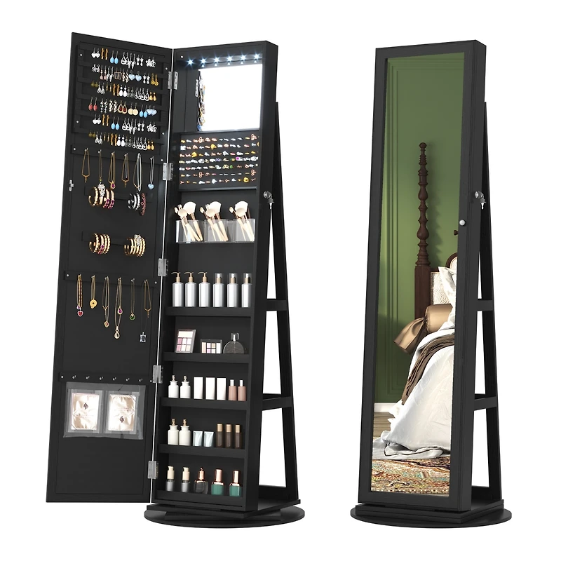 Vlsrka Rotatable full-length jewelry mirror cabinet with compartments and built-in Led lights.