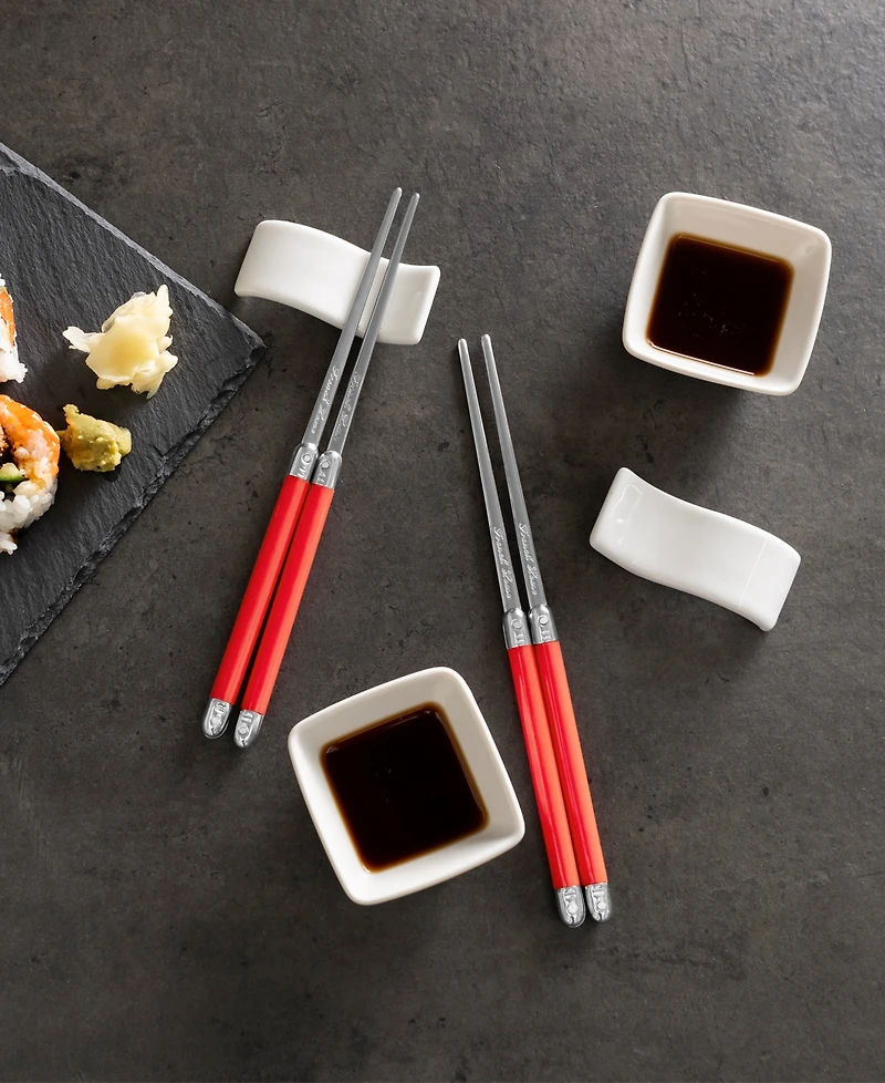 French Home Chopsticks with Handles, Ceramic Rests and Sauce Bowls, Set of 2 Pairs