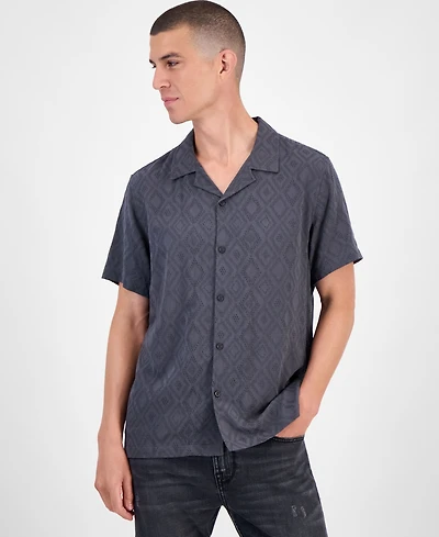 Guess Short Sleeve Diamond Jacquard Button-Front Camp Shirt