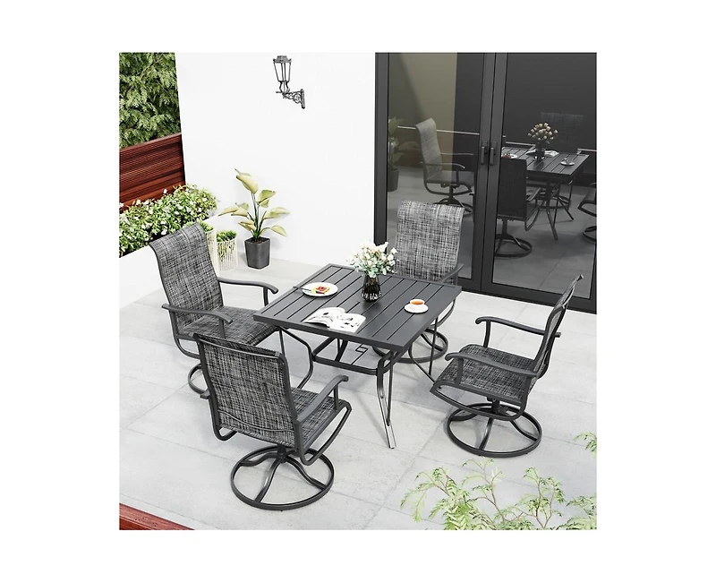 Outdoor 5-Piece Metal Patio Dining Set with and 4 Textilene Swivel Chairs and Square Table in Beige