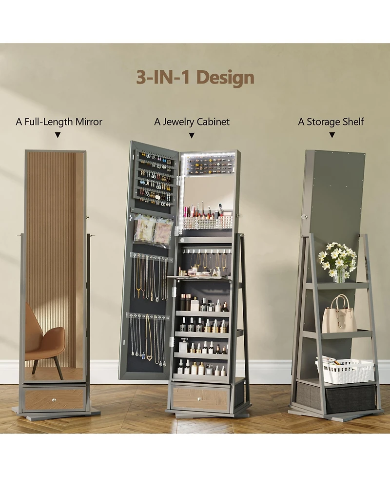 Vlsrka Jewelry freestanding storage mirror cabinet with shelves, built-in lights, and rotating feature.