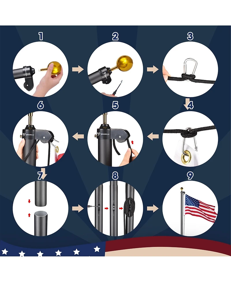 Yescom Bravery 20ft Eagle Topper Sectional Aluminum Flag Pole Kit with Solar Light Us Ball Top for Outside, Silver