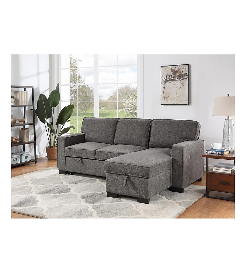 Homlux 86.5"W Dark Gray Fabric Reversible Sleeper Sectional with Storage Chaise Drop-Down Table 2 Cup Holders and 2 Usb Ports