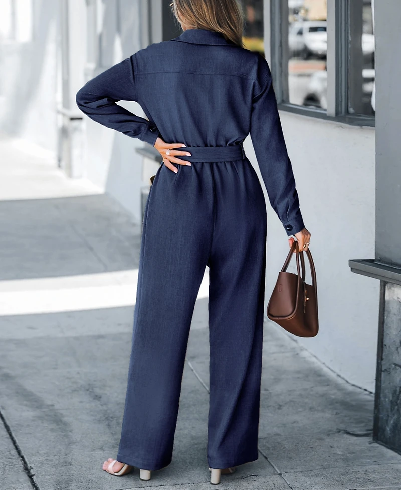 Cupshe Women's V Neck Button-Up Front Tie Waist Jumpsuit, Created for Macy's
