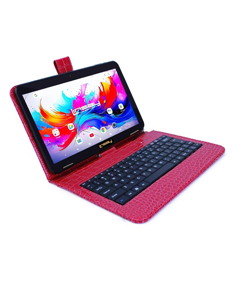 Linsay 10.1" Octa Core 256GB Storage Android 15 Tablet with Red Crocodile Keyboard