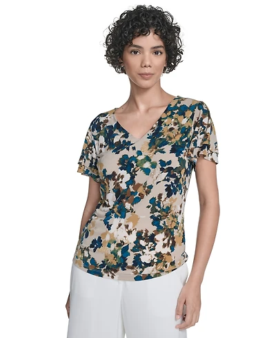 Calvin Klein Women's Printed Flutter-Sleeve V-Neck Top