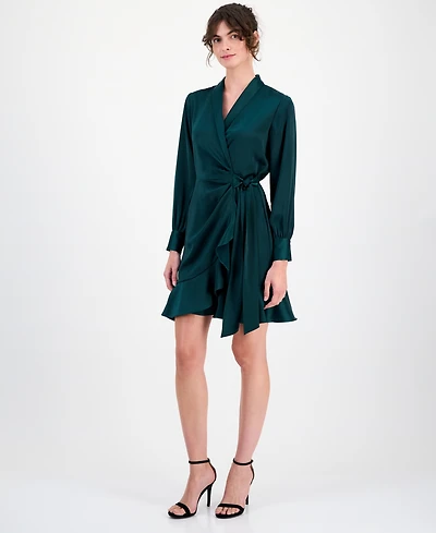 Anne Klein Women's Satin Ruffle-Hem Wrap Dress