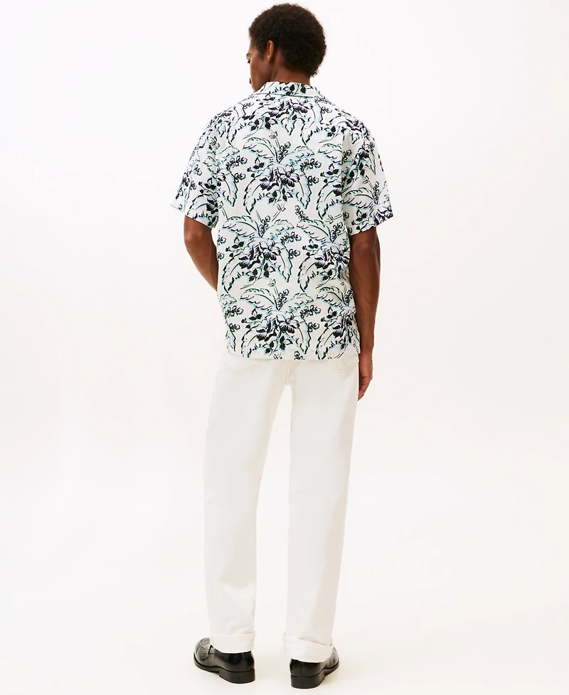 Tommy Hilfiger Men's Patterned Linen Button Up Short Sleeve Shirt