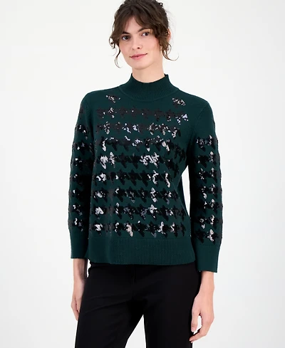 Anne Klein Women's Houndstooth Sequin Mock-Neck Sweater