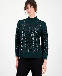 Anne Klein Women's Houndstooth Sequin Mock-Neck Sweater