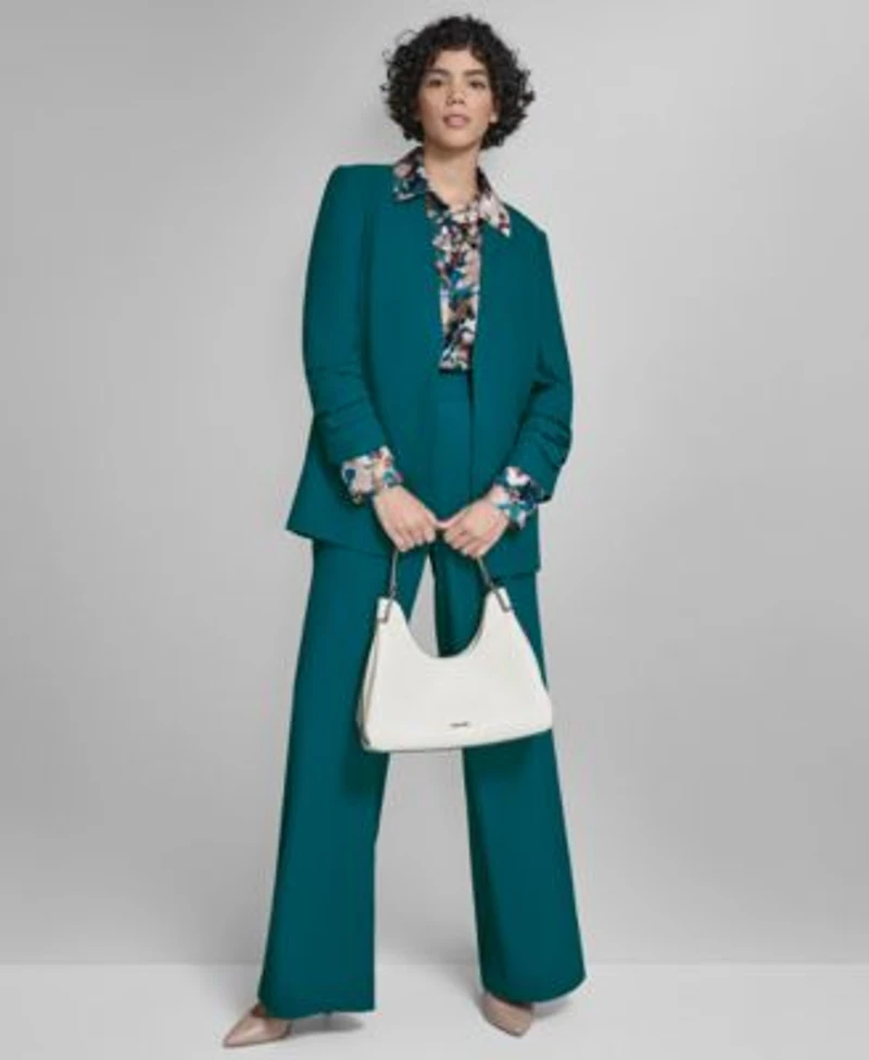 Calvin Klein Womens High Rise Wide Leg Pants Printed Charmeuse Button Front Blouse Heavy Open Front Ruched Sleeve Blazer