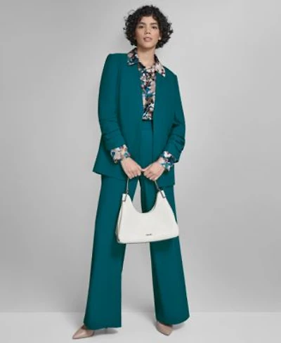 Calvin Klein Womens High Rise Wide Leg Pants Printed Charmeuse Button Front Blouse Heavy Open Front Ruched Sleeve Blazer
