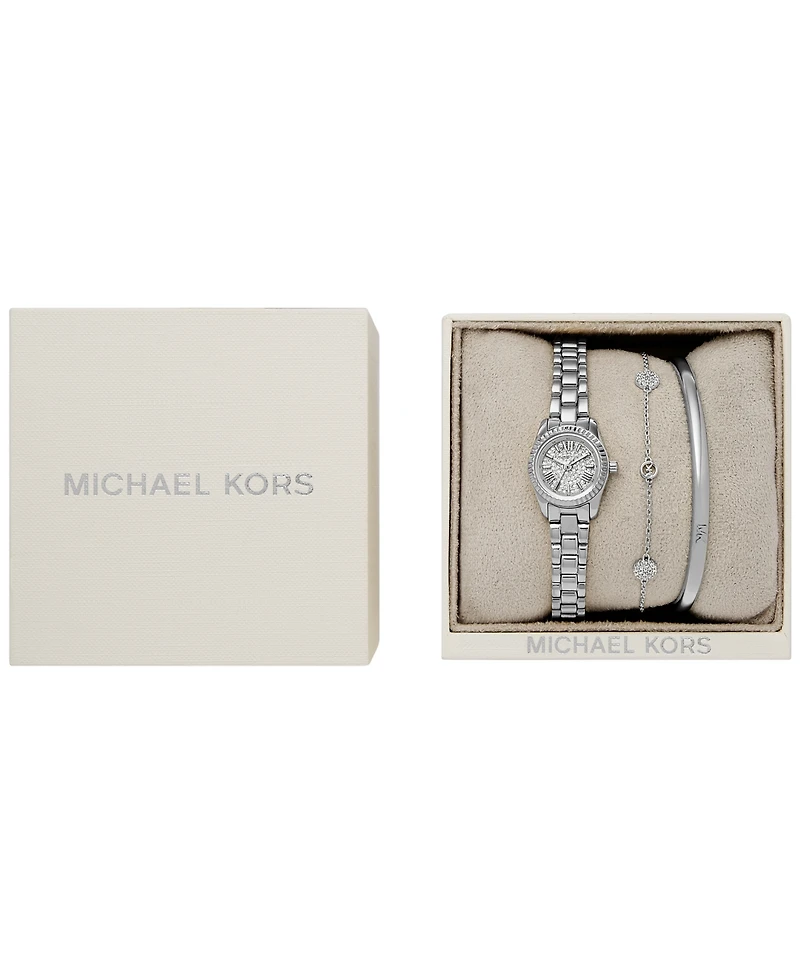 Michael Kors Women's Lexington Three-Hand Silver-Tone Stainless Steel Watch, 19mm and Bracelet Gift Set