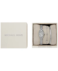 Michael Kors Women's Lexington Three-Hand Silver-Tone Stainless Steel Watch, 19mm and Bracelet Gift Set