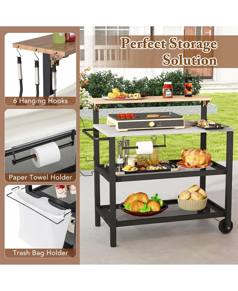 Rolling Bar Cart with Flip-Up Table & Hooks Mobile Storage Cart for Kitchen and Entertaining