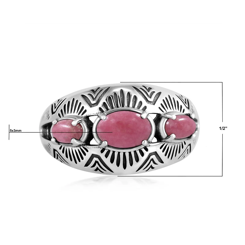 American West Jewelry Sterling Silver Rhodonite 3-Stone Oval Band Ring,