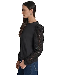 Dkny Jeans Women's Lace Puff-Sleeve Crewneck Top