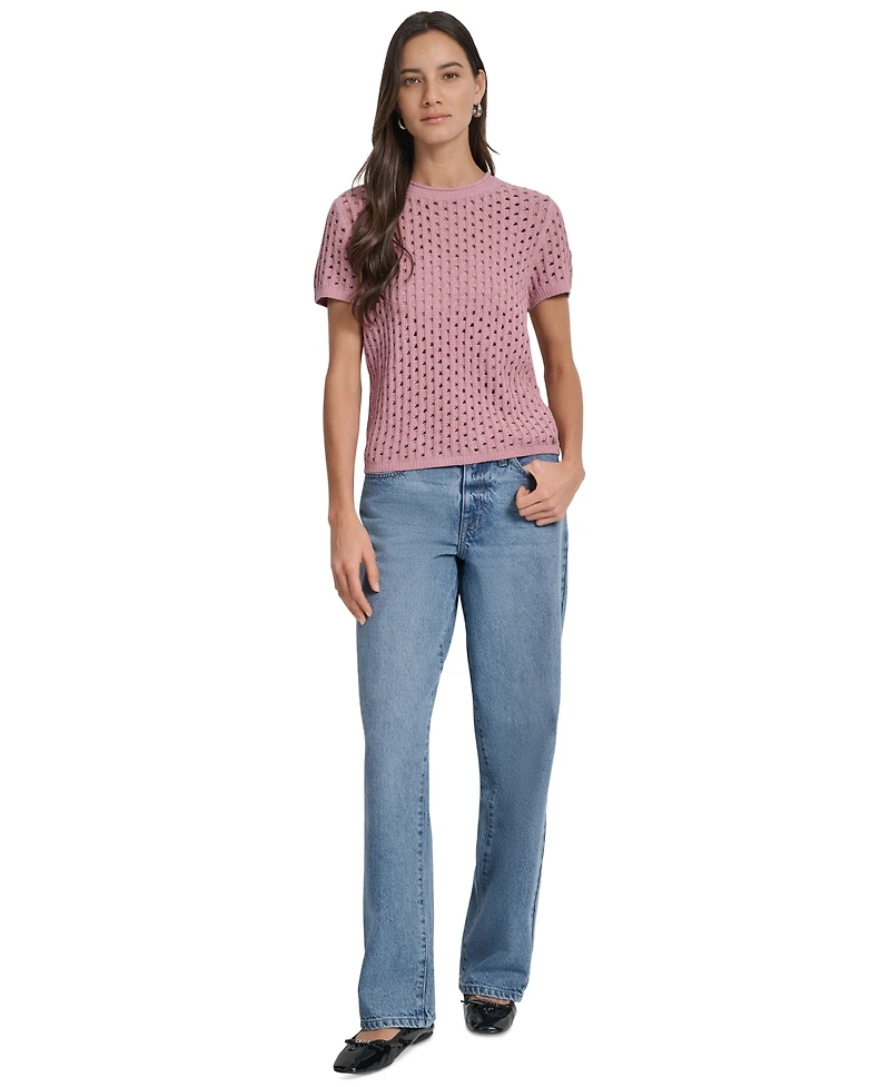 Dkny Jeans Women's Open Stitch Crewneck Short-Sleeve Sweater