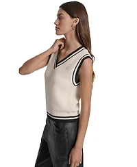 Dkny Jeans Women's Contrast Trim Cotton V-Neck Sleeveless Sweater