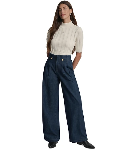 Dkny Jeans Women's Tab-Waist High Rise Wide Leg Cotton Denim Pants
