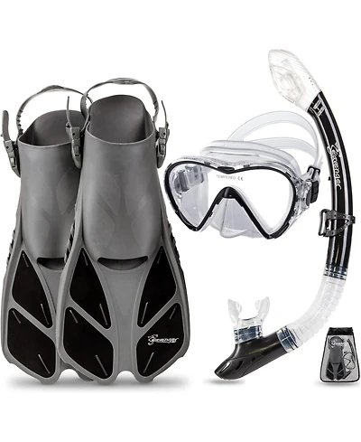 Seavenger Aviator Snorkeling Set: Single Window Mask, Snorkel, Fins & Bag - Black Silicone/Orange Xs/Xxs