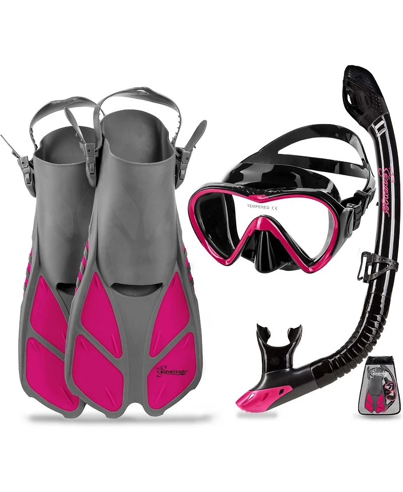 Seavenger Aviator Snorkeling Set: Single Window Mask, Snorkel, Fins & Bag - Black Silicone/Orange Xs/Xxs