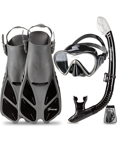Seavenger Aviator Snorkeling Set: Single Window Mask, Snorkel, Fins & Bag - Black Silicone/Orange Xs/Xxs