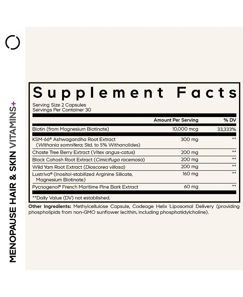 Codeage Menopause Hair & Skin Vitamins Patented Lustriva, Pycnogenol, Ksm-66 Ashwagandha Hair Density Skin Perimenopause Support 60 Capsules