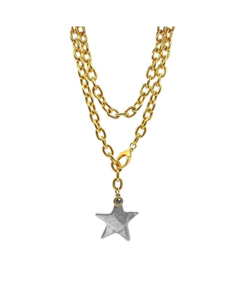 Bowood Lane 12k Gold Plated Chain with Silver Textured Star Charm and Cubic Zirconia Charm Necklace