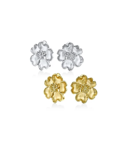 Bling Jewelry Set of 2 Heart Petals Flower Cz Clip-On Earrings Silver Gold Plated