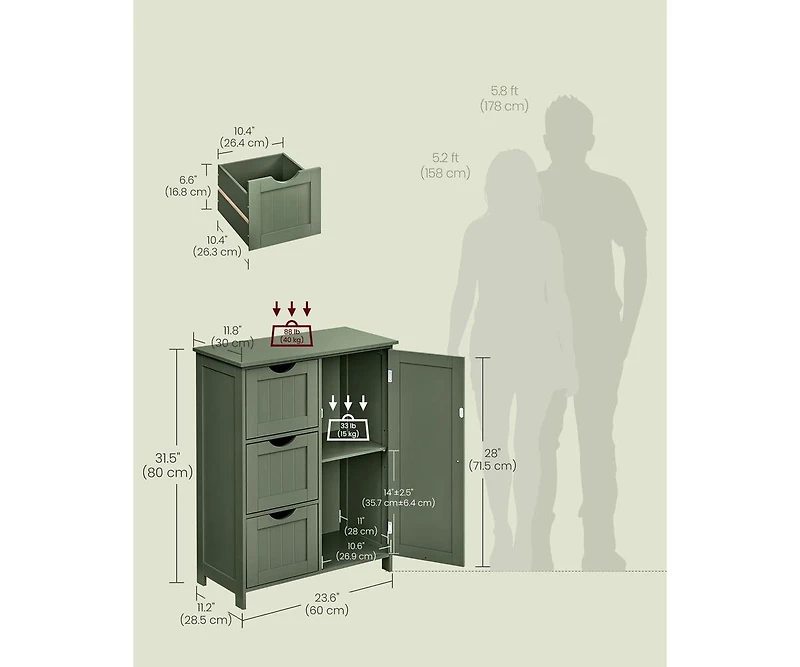 Songmics Home Freestanding Bathroom Storage Cabinet featuring 3 drawers and 1 adjustable shelf. Compact dimensions (11.8"W x 23.6"D x 31.5&#