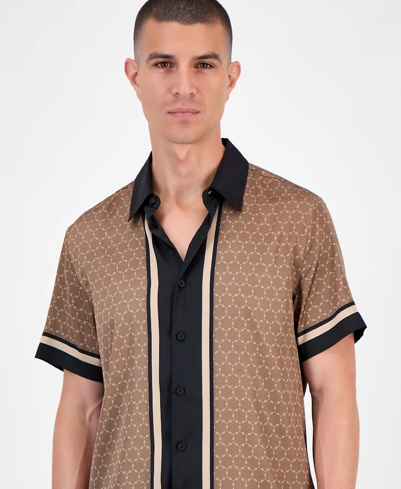 Guess Short Sleeve Geometric Border Charm Button-Front Shirt