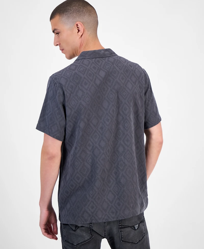 Guess Short Sleeve Diamond Jacquard Button-Front Camp Shirt