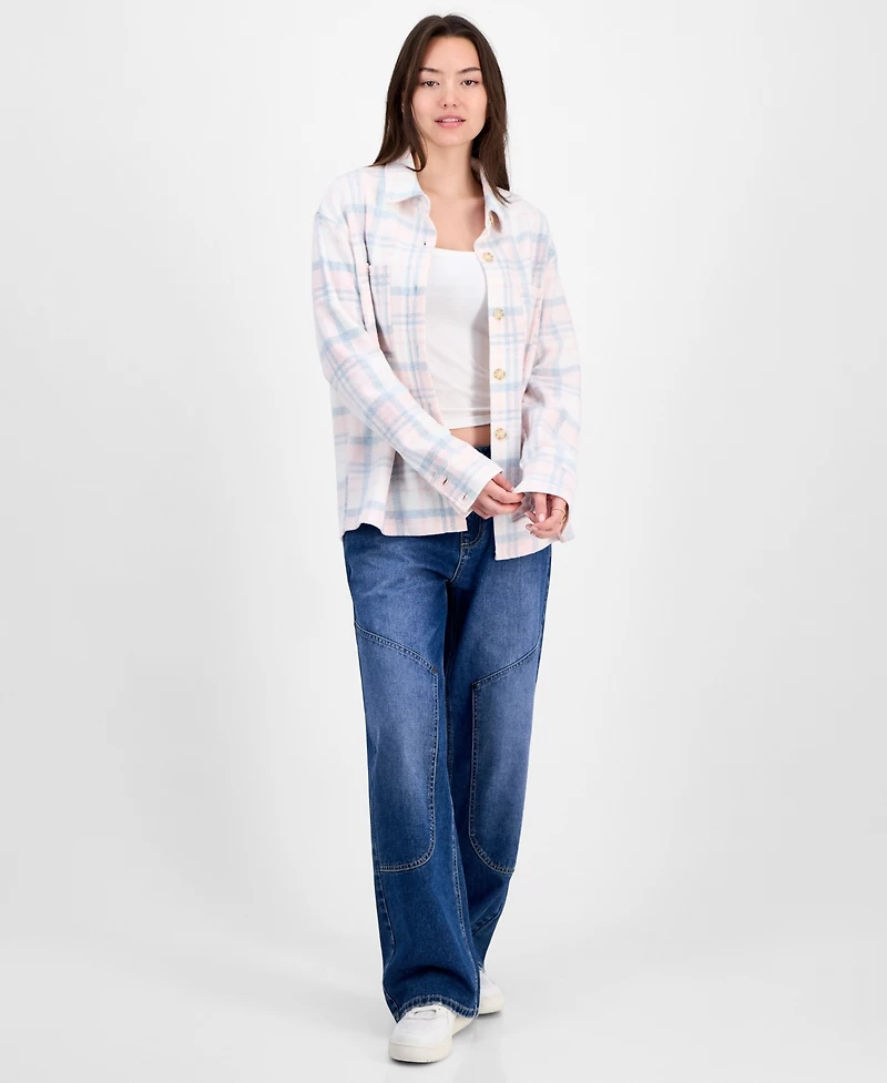 Just Polly Juniors' Plaid Button-Front Shacket