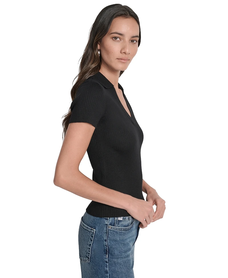 Dkny Jeans Womens Ribbed V-Neck Polo Sweater
