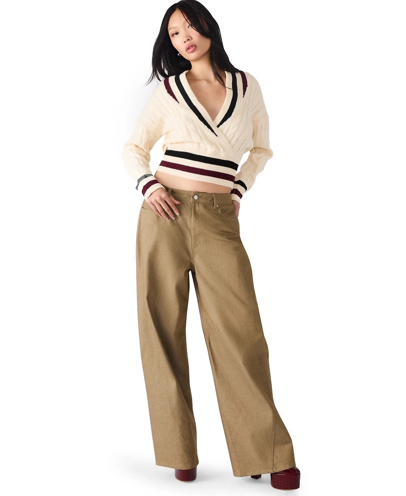 Steve Madden Women's Addison V-Neck Varsity Cable Sweater