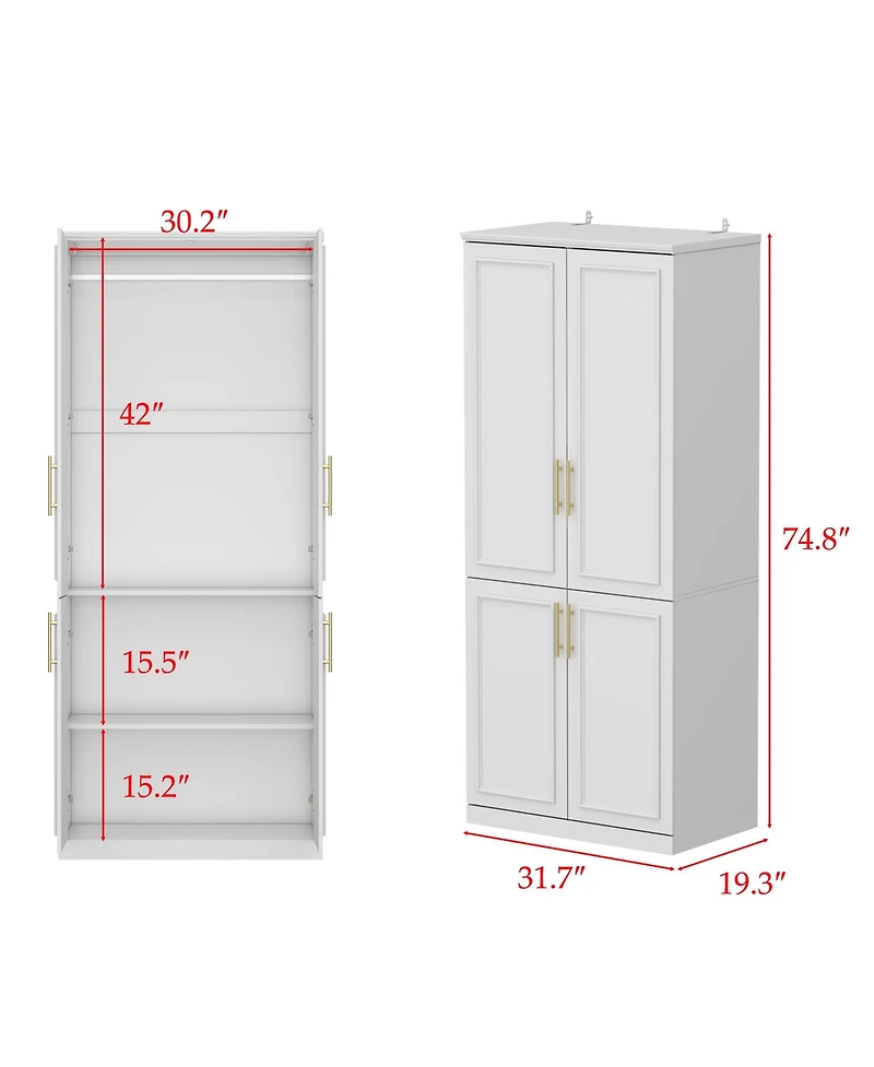 Modern white 4-door handle wardrobe, bedroom Armoire, Wooden Closet