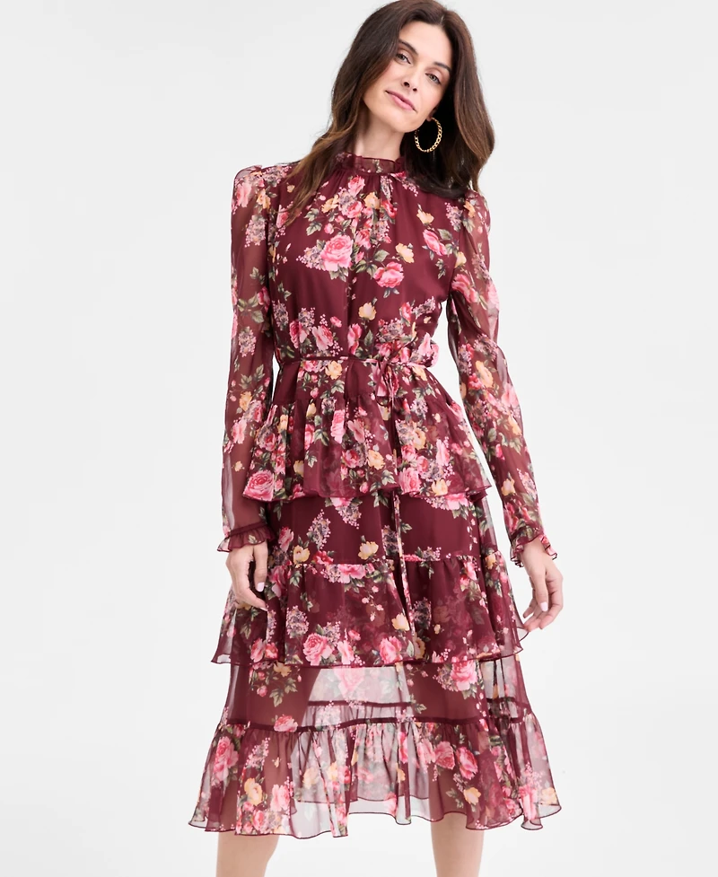 Seni & Cade Juniors' Floral Ruffle-Tiered Tie-Waist Midi Dress