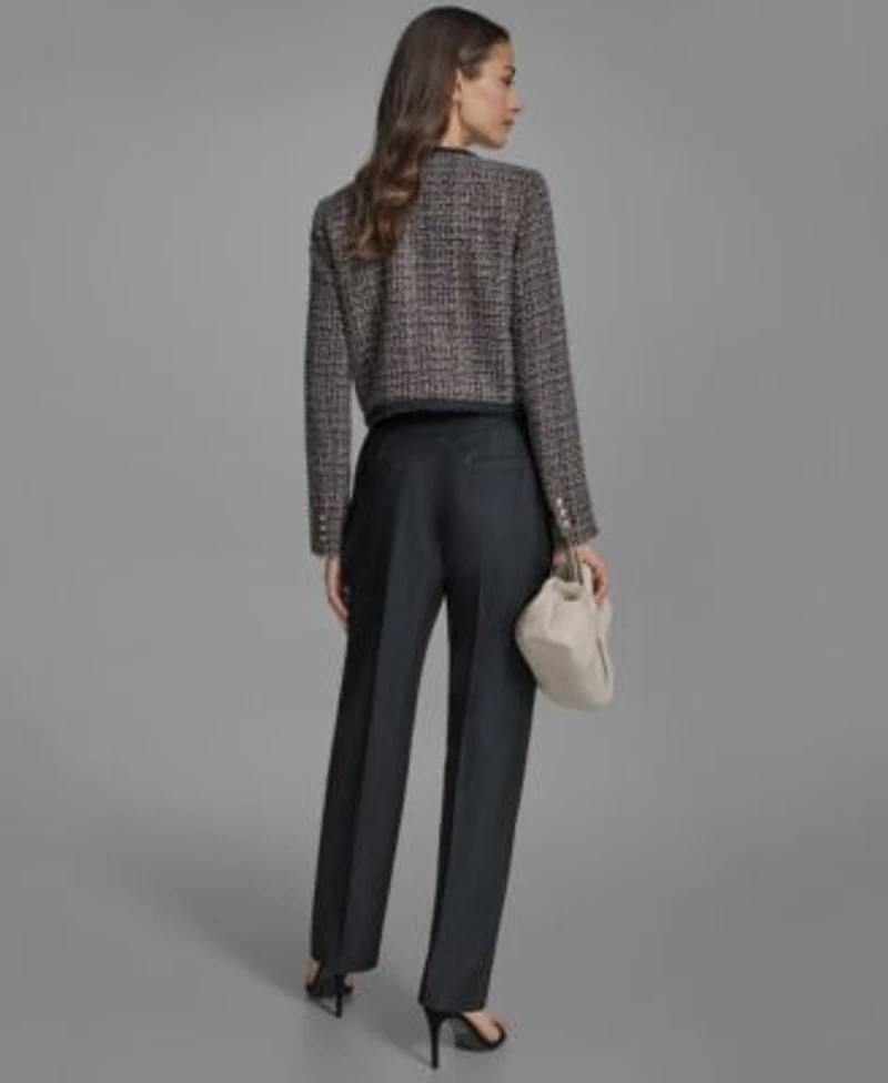 Bcbg Womens Braided Trim Tweed Collarless Jacket Printed Sleeveless Tie Neck Blouse Denim Straight Leg Pants